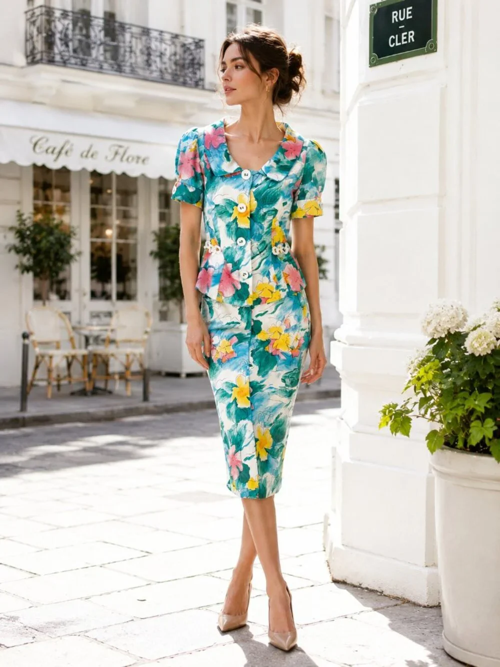 Vintage Equateur Paris Floral 2pc Skirt Suit French Puff Sleeve Set NOS Sz 42